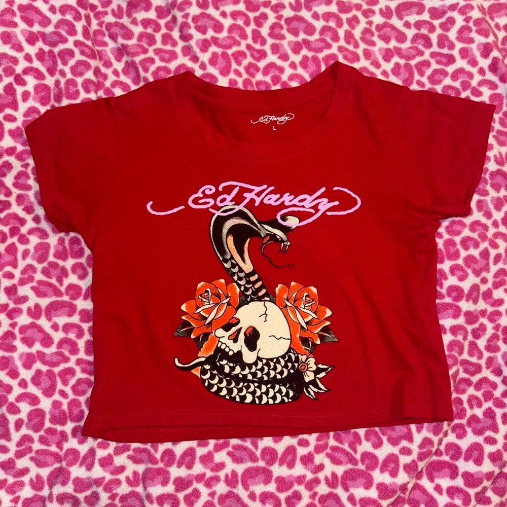 Ed Hardy red crop top size large embellished with snake, roses, & skull design